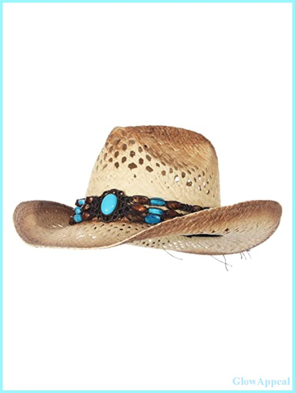 Straw Cowboy Hat with Faux Turquoise Belt Brown Women's Adjustable Brim Sun Hat